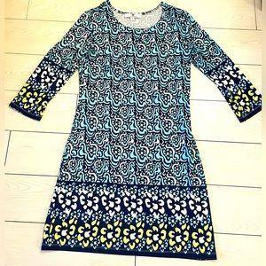 jean-pierre klifa paris blue and white dress w/yellow design on bottom size M